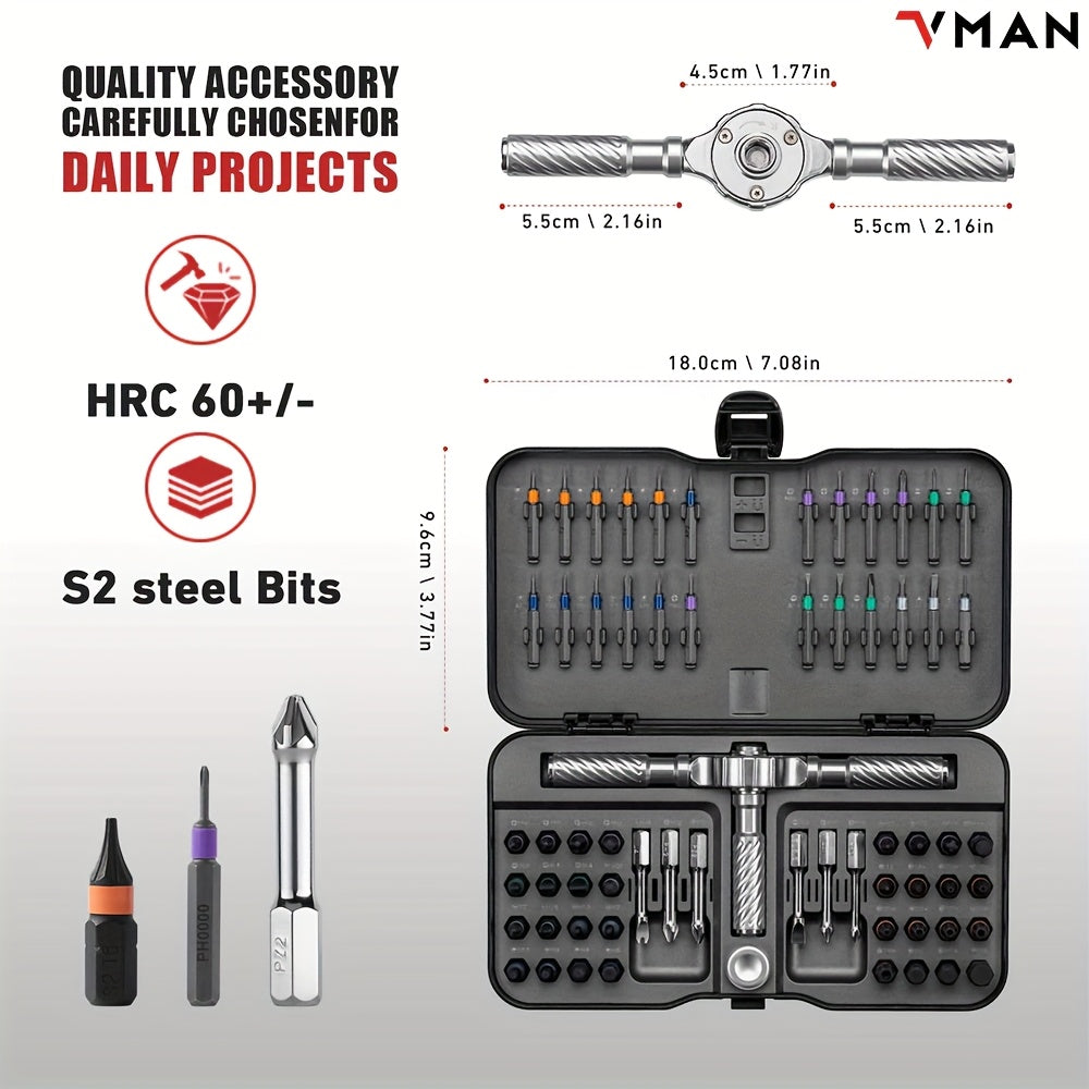 66-in-1 Ratchet Screwdriver Set with 62 Magnetic Bits (S2 Chrome-Molybdenum Alloy) - Heavy-Duty Precision Tool Kit, Ratcheting Mechanism & Magnetizer, Rotating Tail Cap, Aluminum Alloy Handle for Electronics, Watches, Glasses, Phone & Computer Repairs -