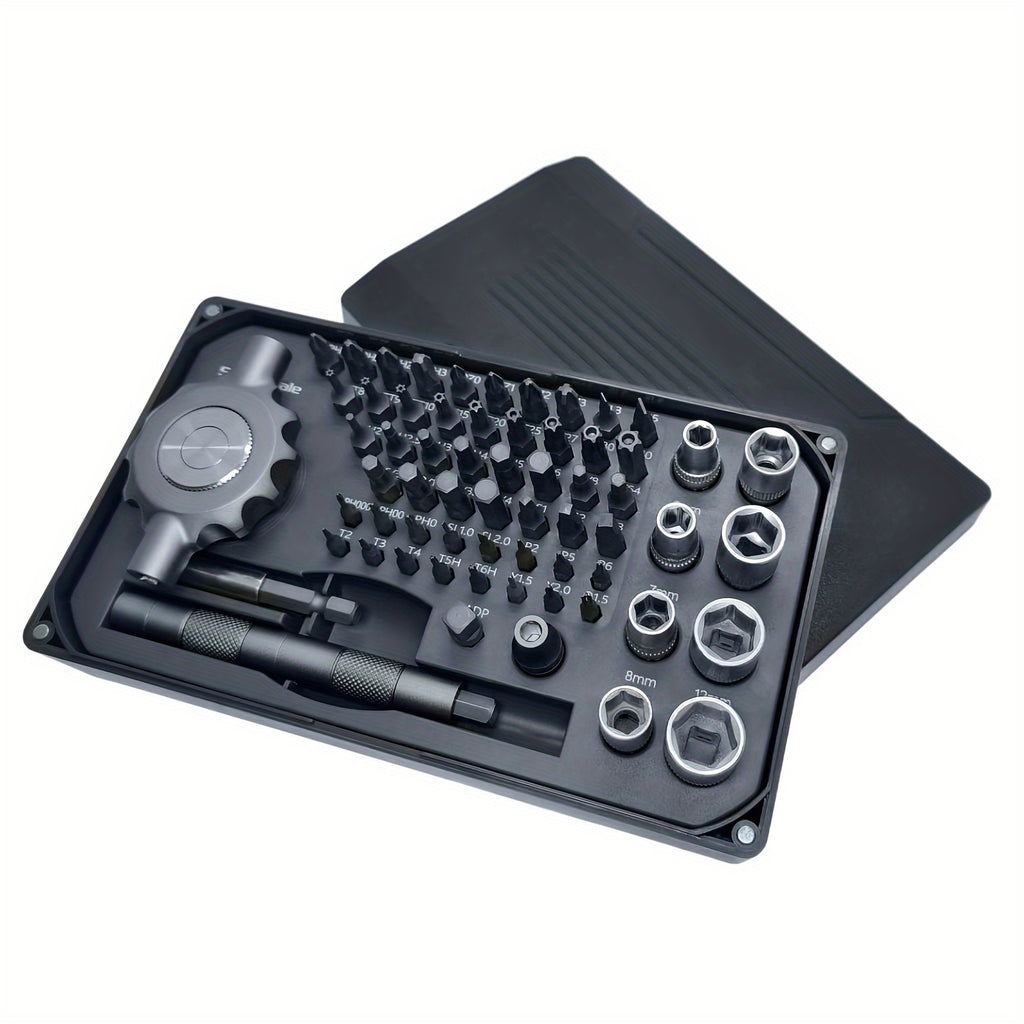 64in 1 Gearless Ratchet Screwdriver Bit Set, Flat Handle for Narrow Space, Magnetic Assembly, 1/4 Inch Bit Set*27, Crv Nut Drivers*16, 4mm Bit Set*8, Suitable for Repairing Mobile Phones, Computers, Cameras, Home Appliances, Furniture, Bicycles, Etc