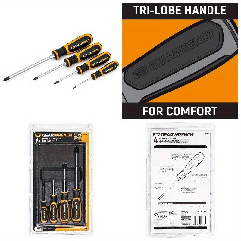 4pcs Heavy-Duty Pozidriv Dual Material Screwdriver Set with Tri-Loft Handle & Magnetic Tip - 1/4" Drive Ratchet Compatible, Ergonomic Non-Slip Grip, Durable Construction for Automotive, Home, Electronics, Furniture Assembly - Ideal for DIY & (No Power