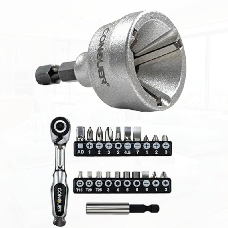 22pcs CONQUER Professional Mini Ratchet Screwdriver Set with Ratcheting Mechanism & Interchangeable Heads - Heavy-Duty Manual Tool Kit for Precision Deburring, Chamfering, Screw Driving - Ergonomic Grip, Compact Design for Tight Spaces, Electronics,