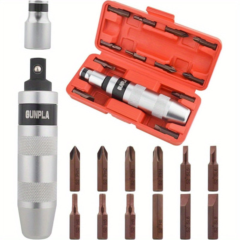 12pcs Heavy-Duty Industrial Impact Screwdriver Set - Manual Operation, No Power Required - with Phillips/Slotted/Hex Drivers, Ratchet Mechanism - for Automotive, Construction, Manufacturing - Durable 40CR Alloy Steel Construction - Ideal for Professionals