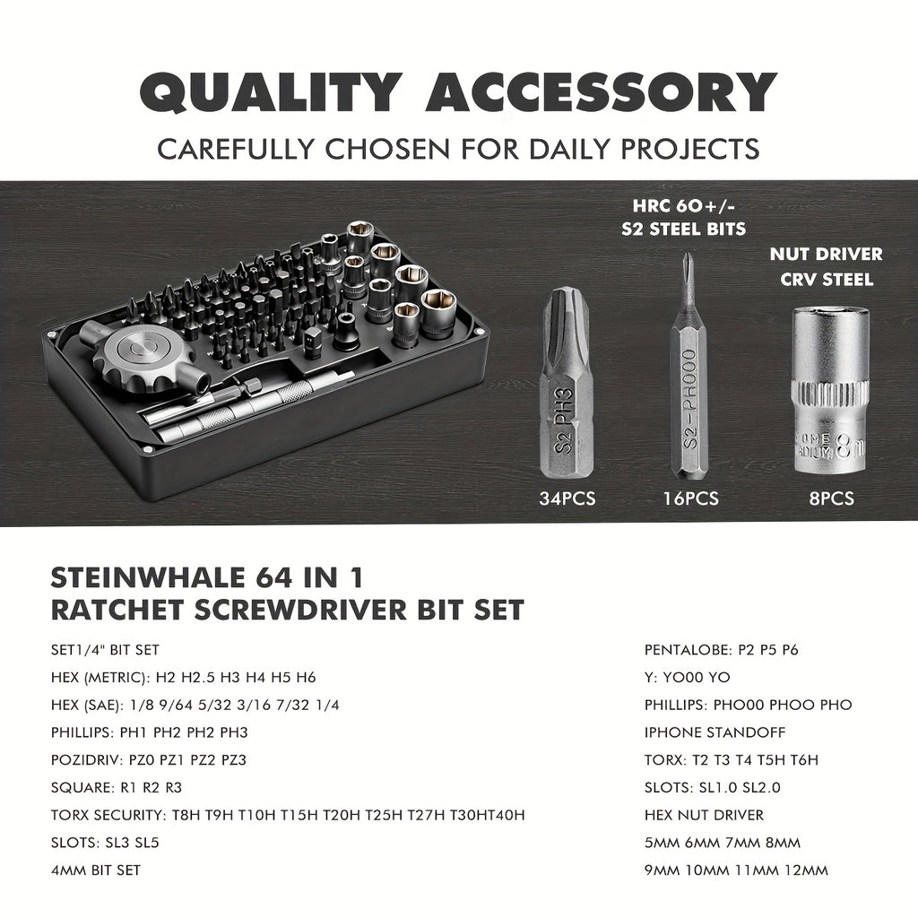 64in 1 Gearless Ratchet Screwdriver Bit Set, Flat Handle for Narrow Space, Magnetic Assembly, 1/4 Inch Bit Set*27, Crv Nut Drivers*16, 4mm Bit Set*8, Suitable for Repairing Mobile Phones, Computers, Cameras, Home Appliances, Furniture, Bicycles, Etc