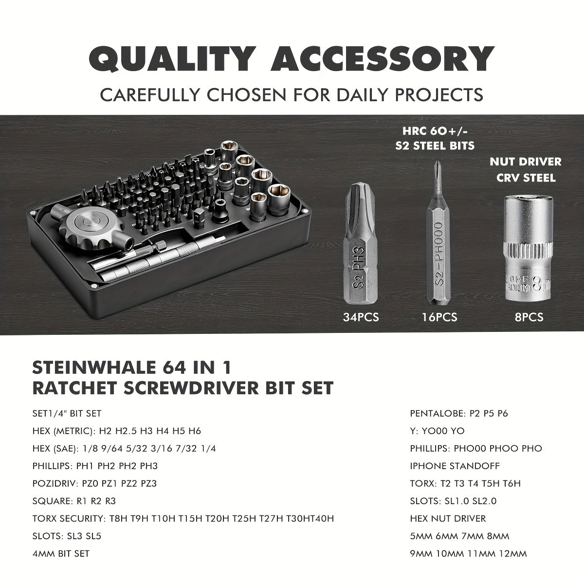 64in 1 Gearless Ratchet Screwdriver Bit Set, Flat Handle for Narrow Space, Magnetic Assembly, 1/4 Inch Bit Set*27, Crv Nut Drivers*16, 4mm Bit Set*8, Suitable for Repairing Mobile Phones, Computers, Cameras, Home Appliances, Furniture, Bicycles, Etc