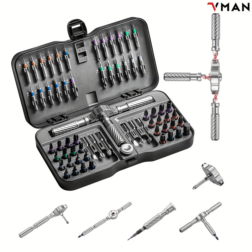 66-in-1 Ratchet Screwdriver Set with 62 Magnetic Bits (S2 Chrome-Molybdenum Alloy) - Heavy-Duty Precision Tool Kit, Ratcheting Mechanism & Magnetizer, Rotating Tail Cap, Aluminum Alloy Handle for Electronics, Watches, Glasses, Phone & Computer Repairs -