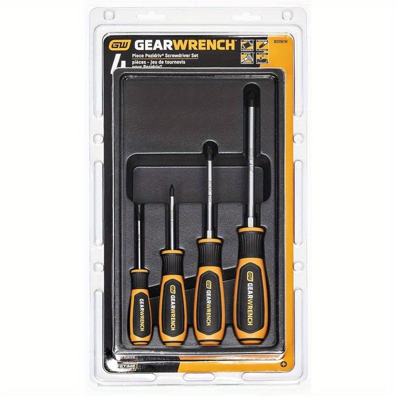 4pcs Heavy-Duty Pozidriv Dual Material Screwdriver Set with Tri-Loft Handle & Tri-Point Tip - 40Cr Steel & Chrome Vanadium Construction, 65Mn Spring Steel Bits, Magnetic Retention & Oil/Solvent-Resistant - Impact-Resistant Manual Tool Kit for Home,