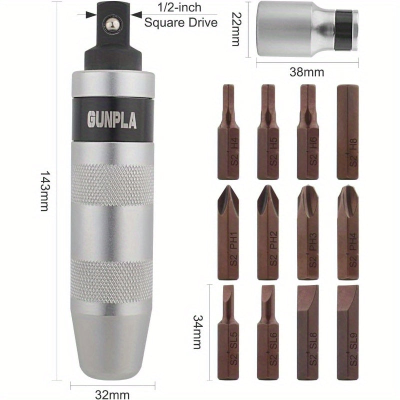 12pcs Heavy-Duty Industrial Impact Screwdriver Set - Manual Operation, No Power Required - with Phillips/Slotted/Hex Drivers, Ratchet Mechanism - for Automotive, Construction, Manufacturing - Durable 40CR Alloy Steel Construction - Ideal for Professionals