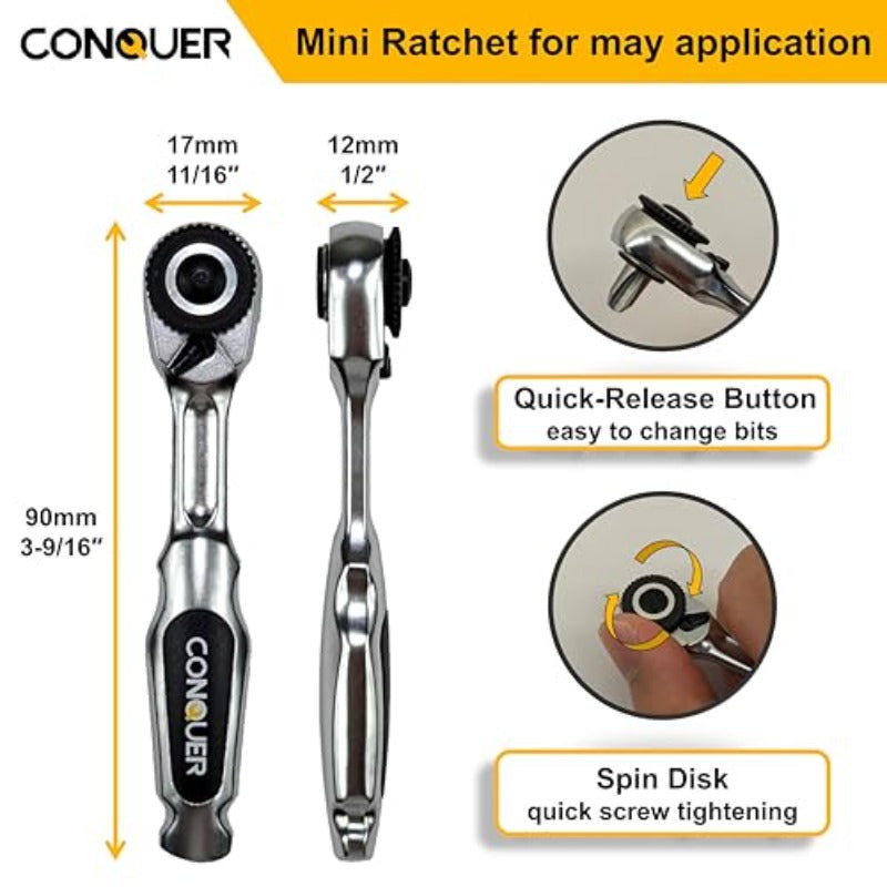 22pcs CONQUER Professional Mini Ratchet Screwdriver Set with Ratcheting Mechanism & Interchangeable Heads - Heavy-Duty Manual Tool Kit for Precision Deburring, Chamfering, Screw Driving - Ergonomic Grip, Compact Design for Tight Spaces, Electronics,