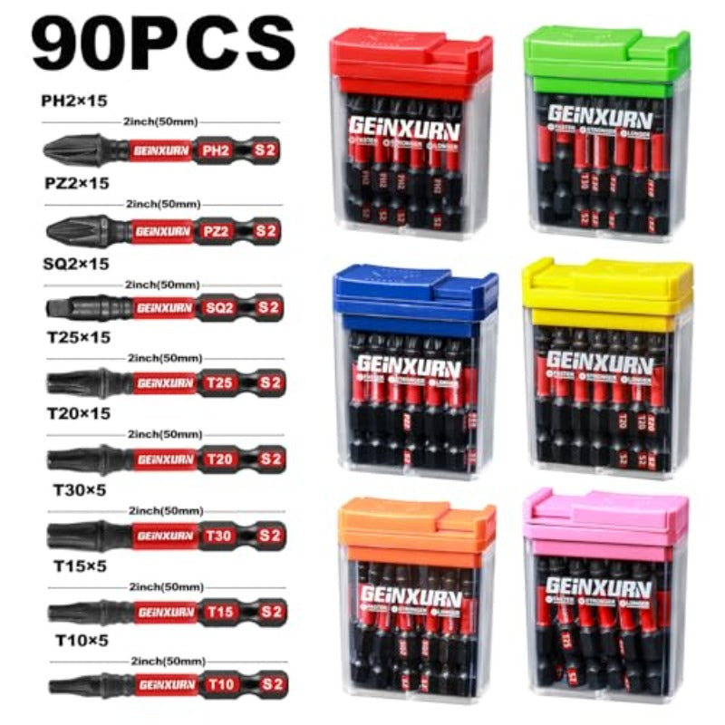 90pcs Heavy-Duty Impact Screwdriver Set with Magnetic Tips - Impact-Resistant Case, PH2, PZ2, SQ2, T10, T15, T20, T25, T30, S2 Bits - for Professional & DIY Projects - Organized Storage Box (No Power Required) - Ideal for Electricians, Builders,