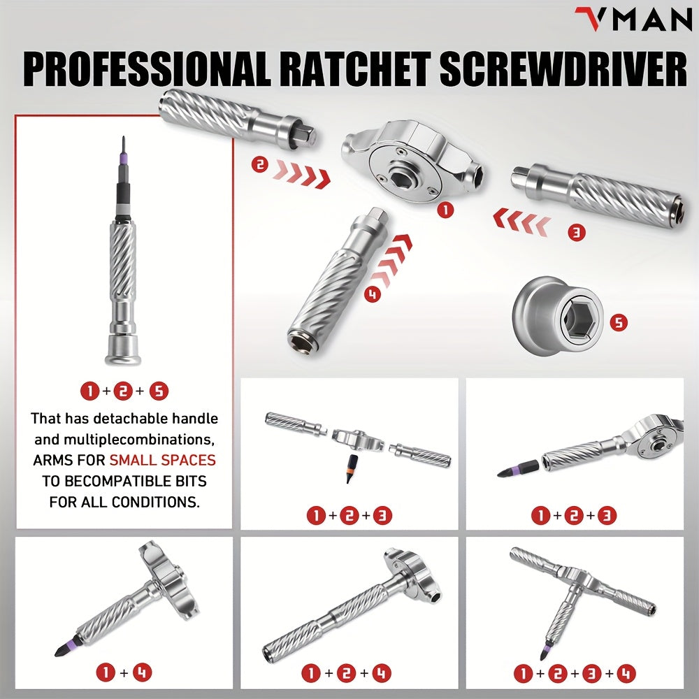 66-in-1 Ratchet Screwdriver Set with 62 Magnetic Bits (S2 Chrome-Molybdenum Alloy) - Heavy-Duty Precision Tool Kit, Ratcheting Mechanism & Magnetizer, Rotating Tail Cap, Aluminum Alloy Handle for Electronics, Watches, Glasses, Phone & Computer Repairs -