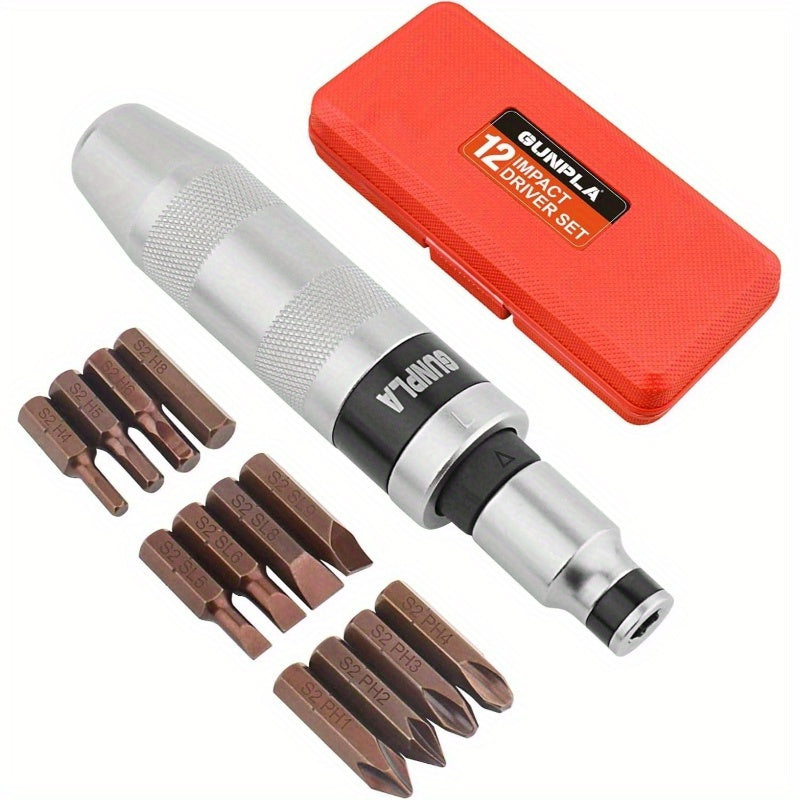 12pcs Heavy-Duty Industrial Impact Screwdriver Set - Manual Operation, No Power Required - with Phillips/Slotted/Hex Drivers, Ratchet Mechanism - for Automotive, Construction, Manufacturing - Durable 40CR Alloy Steel Construction - Ideal for Professionals