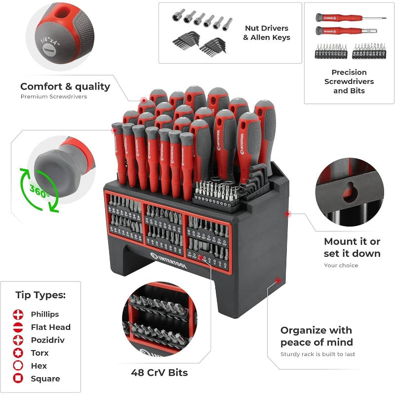 114pcs Heavy-Duty Screwdriver Set with Magnetic Tips & Swivel-End Precision Screwdrivers, Nut Drivers, Hex Keys, Bits - All-in-One Tool Kit with Mountable Rack for Easy Storage & Organization, Ergonomic Red/Black Color-Coded Design, Durable Construction