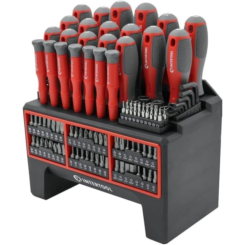 114pcs Heavy-Duty Screwdriver Set with Magnetic Tips & Swivel-End Precision Screwdrivers, Nut Drivers, Hex Keys, Bits - All-in-One Tool Kit with Mountable Rack for Easy Storage & Organization, Ergonomic Red/Black Color-Coded Design, Durable Construction