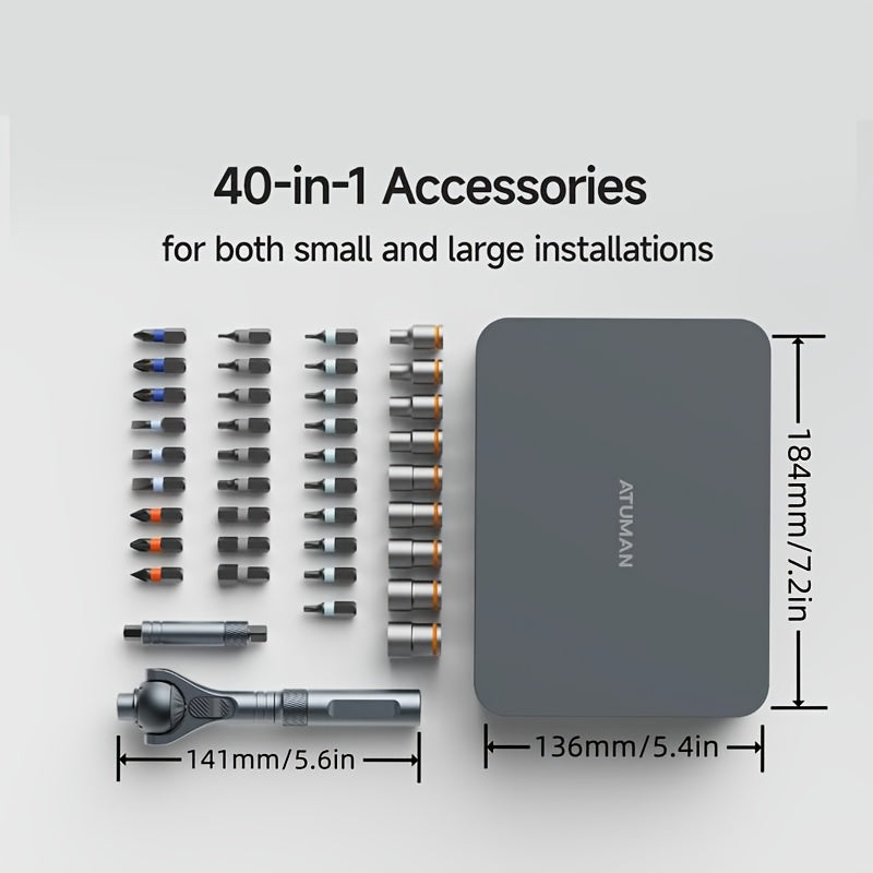 ATuMan 40in 1 Ratchet Screwdriver Set with Detachable Handle, 180° Ratchet Head, 45-Tooth Mechanism, Magnetic Tool Kit with Case for Computer, Electronics Repair, Ideal for Home, DIY, And Maintenance