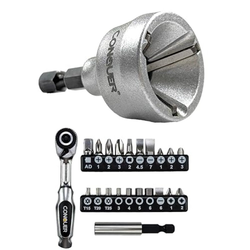 22pcs CONQUER Professional Mini Ratchet Screwdriver Set with Ratcheting Mechanism & Interchangeable Heads - Heavy-Duty Manual Tool Kit for Precision Deburring, Chamfering, Screw Driving - Ergonomic Grip, Compact Design for Tight Spaces, Electronics,