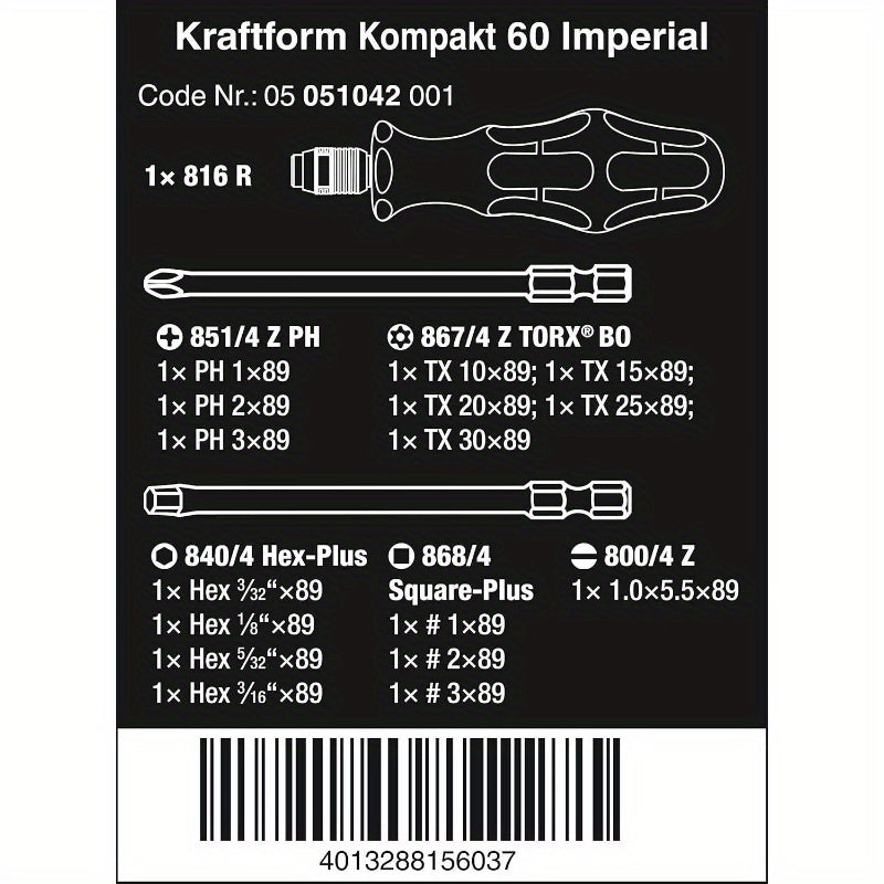 KRAFTFORM 60 Imperial BITS Assortment - Heavy-Duty Manual Screwdriver Set with 60 Bits (Hex Keys, Phillips, Slotted, Torx, Pozidriv) - for Professional & DIY Projects - Compatible with Wera 2.0" Handle - No Power Required - Ideal for Electricians,