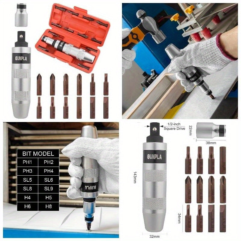 12pcs Heavy-Duty Industrial Impact Screwdriver Set - Manual Operation, No Power Required - with Phillips/Slotted/Hex Drivers, Ratchet Mechanism - for Automotive, Construction, Manufacturing - Durable 40CR Alloy Steel Construction - Ideal for Professionals